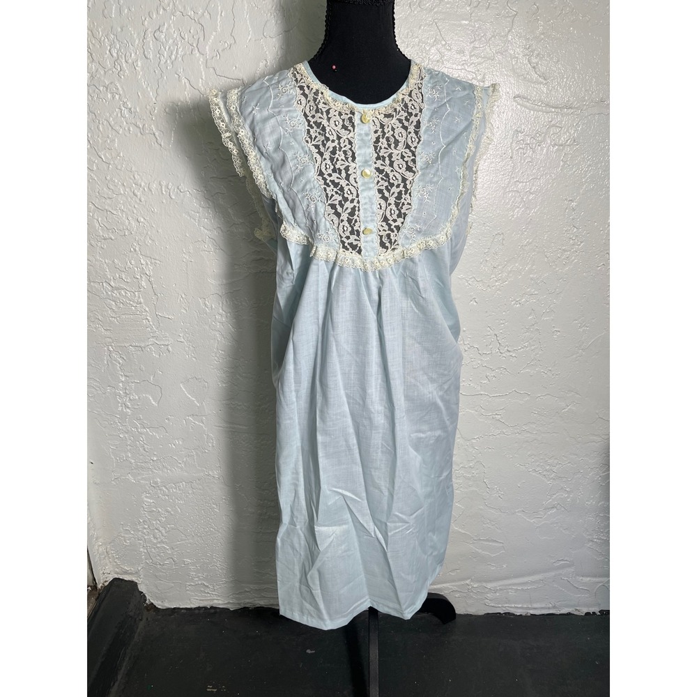 Vintage Belinda M Blue Lace Bib Nightgown ILGWU Union Made Cottagecore
